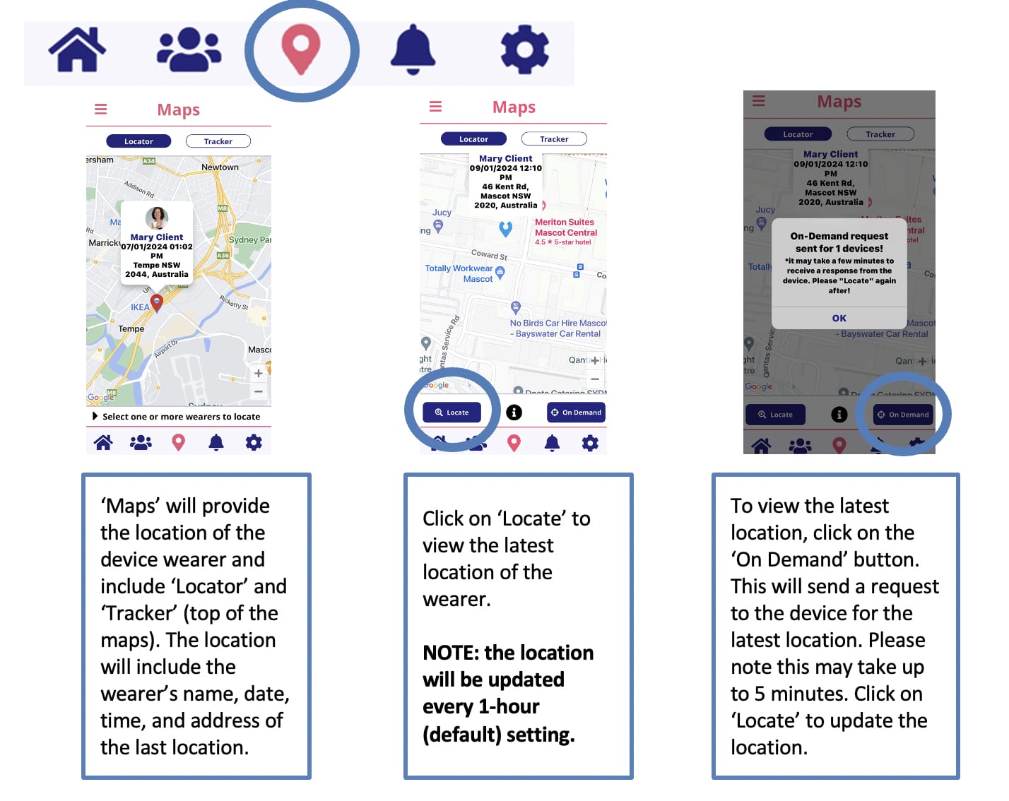 Screenshots showing how to use the Maps feature in the mCare Digital mobile app to locate and track a GPS watch wearer.